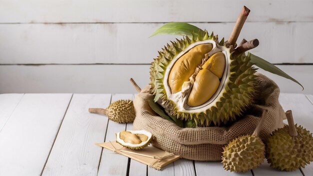 Foto durian fresco en un saco y una mesa de madera blanca