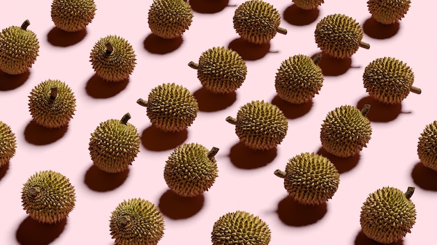 Foto durian-frucht auf draufsicht des rosa hintergrundes. flach liegen. 3d-render-obst-idee-konzept.