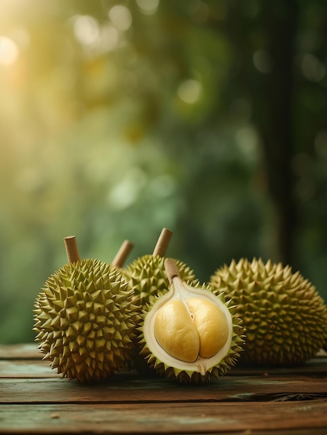 Durian-Frucht auf einem Holztisch mit verschwommenem Durian-Plantage-Hintergrund Generative KI