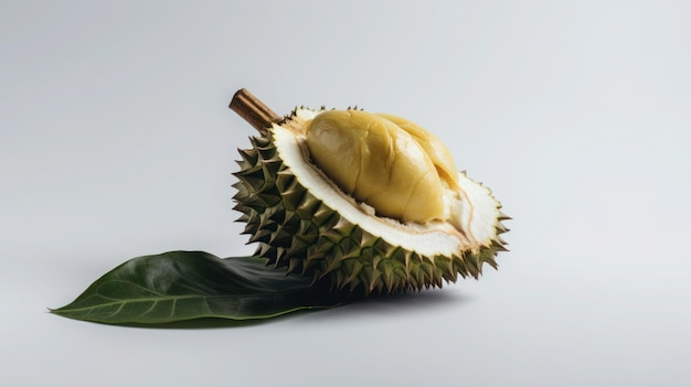 Un durian con una hoja en él.