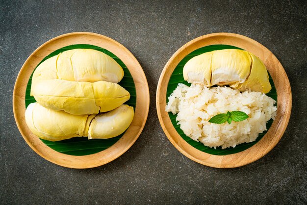 Durian mit klebrigem Reis - süße Durianschale mit gelber Bohne, reifer Durianreis gekocht mit Kokosmilch - asiatisches thailändisches Dessertsommer-Tropenfruchtessen