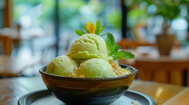 Foto durian monthong delicioso helado con hierbas arroz pegajoso y agua fría borrosa postre al estilo tailandés