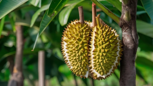 Durian o durio zibethinus rey de la fruta tropical colgado en el árbol en la plantación agrícola i