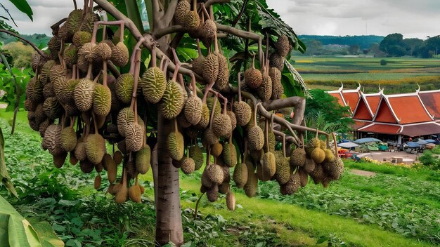 Durian ou durio zibethinus rei da fruta tropical pendurado na árvore na plantação agrícola i