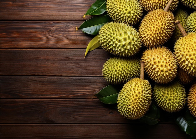 Durian verde en el tablero de madera Fruta tailandesa Espacio para texto IA generativa