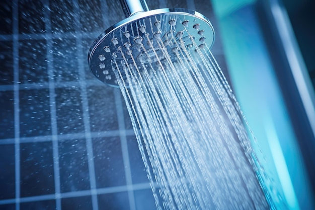 Foto duschkopf mit fließendem wasser im badezimmer aus nächster nähe