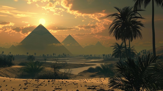Dusk Fantasy Pyramid Oasis Hintergrund mit Wüstenlandschaft Palmen und Abendhimmel