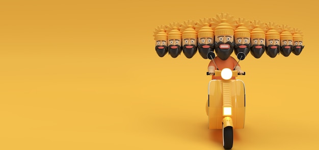 Dussehra-Feier - Ravana mit zehn Köpfen, die Motorroller 3D-Rendering-Illustration reiten.