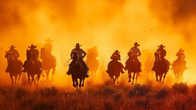 Dust- und Glory-Cowboys auf Pferden in lebendiger Aktion