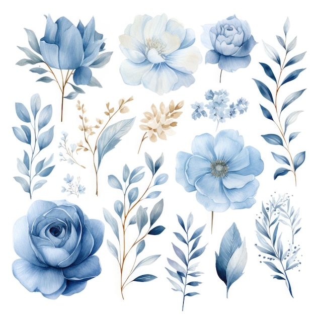 Dusty Blue Floral Clipart Elegante Flores em Aquarela