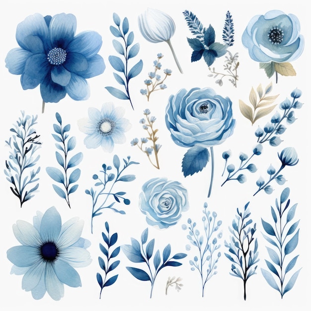 Foto dusty blue floral clipart elegante flores em aquarela