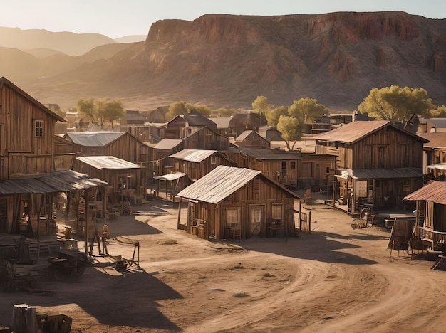 Foto dusty rugged wild west village com casas de madeira e vales durante a paisagem do nascer do sol