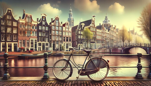 Foto dutch cycle days um clássico fica contra o pano de fundo das casas do canal de amsterdã na cultura retrô ph