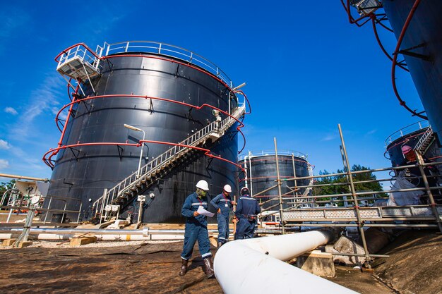 Duto visual de inspeção de trabalhador masculino e petróleo bruto do tanque de armazenamento