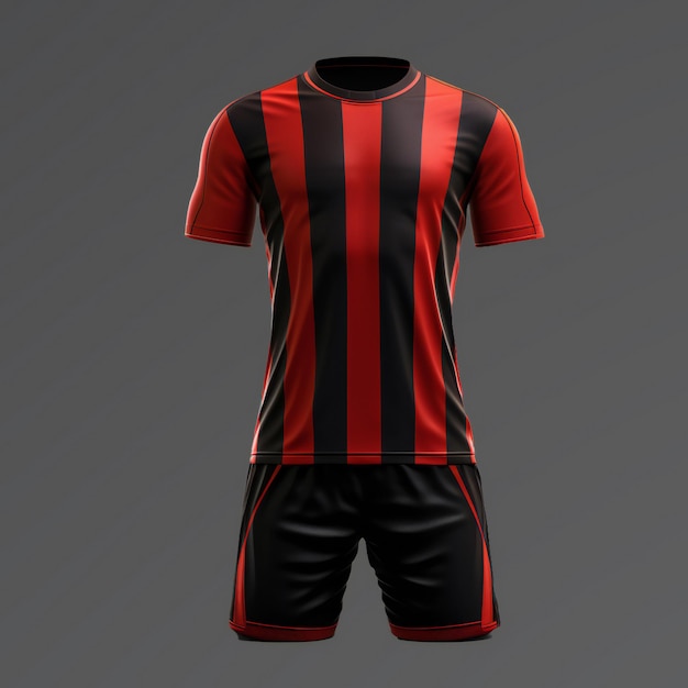 Foto dynamic football attire red and black vertical line jersey kit with black shorts