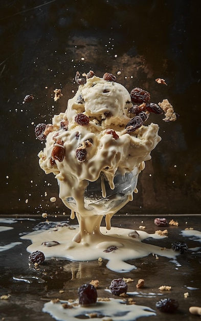 Dynamic Ice Cream Scoops Splash in Milch mit Mandel-Toppings