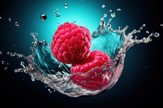 Dynamic Raspberry Splash Raspberry auf einem dunklen Hintergrund mit Water Splash Generative AI