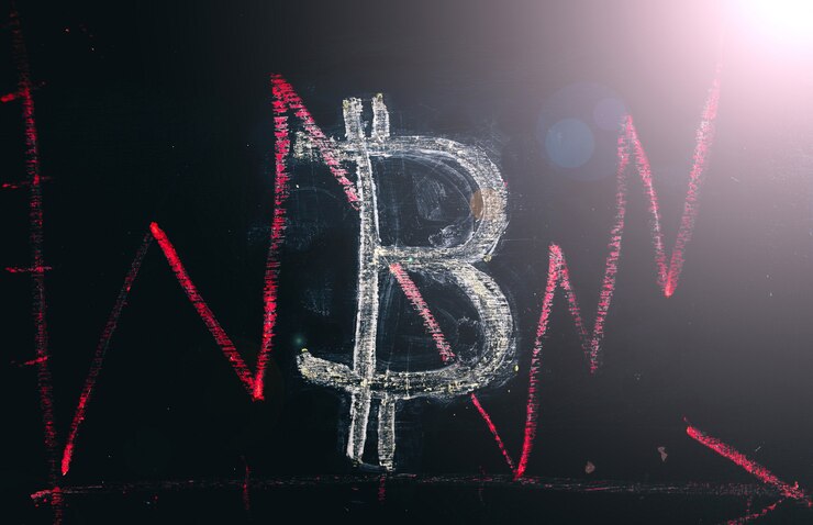 Foto dynamik der preisänderungen der bitcoin-kryptowährung zeichnung auf einer tafel