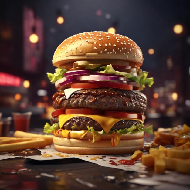 Dynamische 4K-Grafik mit einer 3D-Fastfood-Szene mit einem Burger