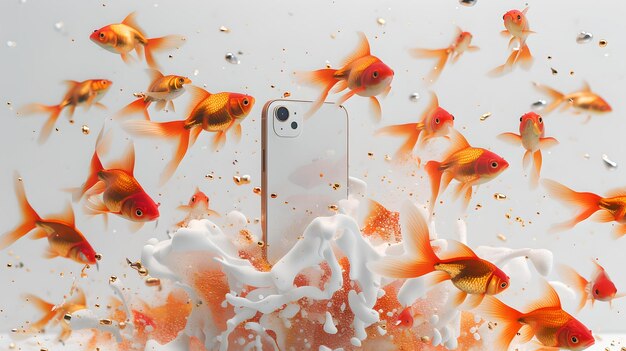 Dynamische Anzeige eines Smartphones inmitten eines Ausbruchs von Goldfischen surrealistisches Technologie-Konzept perfekt für moderne Design-Themen KI