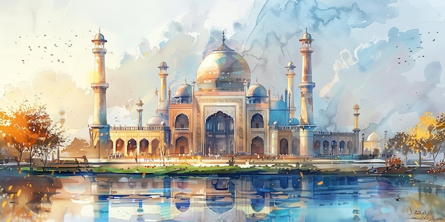 Dynamische Aquarelldarstellung einer Moschee auf einem weißen Hintergrund mit Reflexion über weißer Umgebung und Raum Generative KI