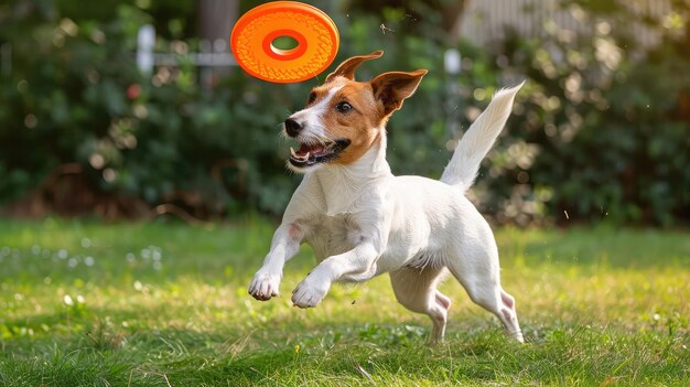Foto dynamische aufnahme, die die energie und aufregung eines hundes aufzeigt, der einen frisbee in der luft fängt, der seinen schwanz vor absoluter freude schüttelt