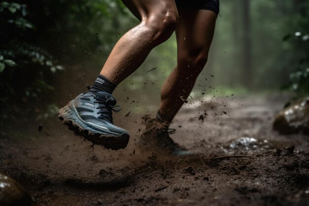 Dynamische Aufnahme von Damen-Trail-Laufschuhen, die auf einem Waldweg über einen Bach springen