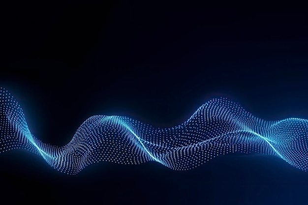 Dynamische blaue Partikelwelle Abstrakte Klangvisualisierung Digitale Struktur des Wellenflusses von leuchtenden Partikeln