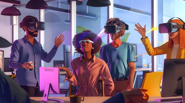 Dynamische Büro-Szene mit einem multikulturellen Team, das VR für das Produktdesign verwendet