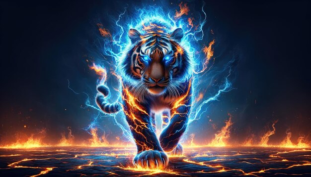 Dynamische digitale Kunst eines Tiger, der inmitten eines Feuer- und Blitzsturms brüllt und Macht und Grausamkeit symbolisiert