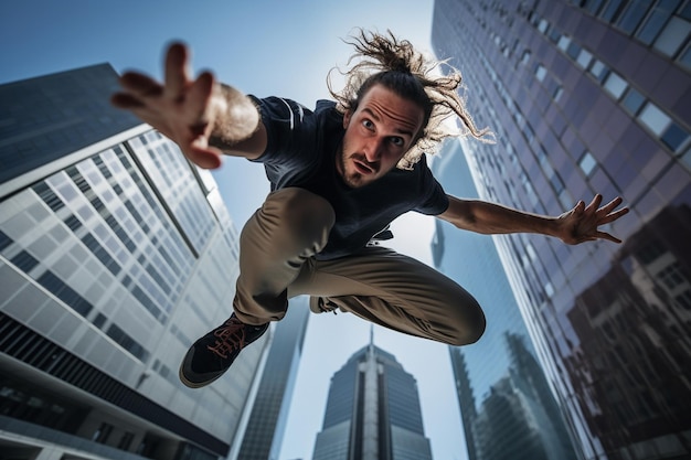 Foto dynamische parkour-action mitten in der luft eingefangen