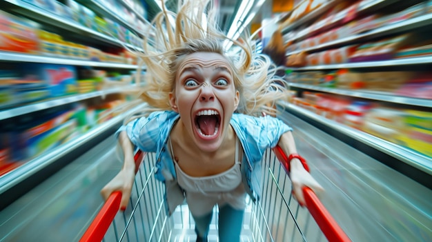 Foto dynamische perspektive einer freudigen frau in einem einkaufswagen, der durch die gänge des supermarkts rennt