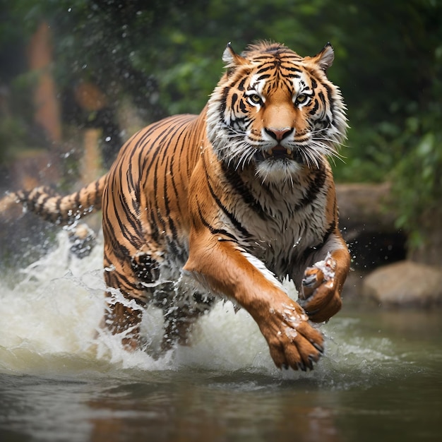 Dynamische sibirische Tiger-Wasserkraft in Bewegung