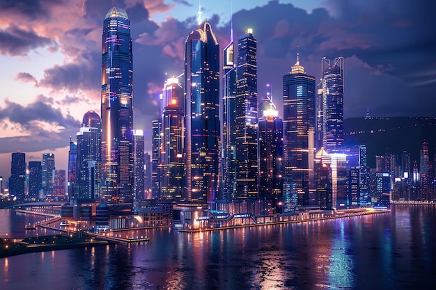 Dynamische Stadt-Skyline mit beleuchteten Wolkenkratzern