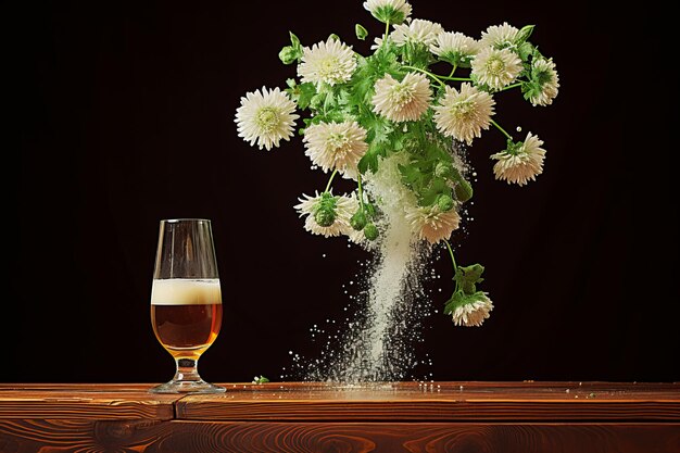 Dynamische Szene mit fliegendem Blumenstrauß, Wasserspritz und Bierglas auf dunklem Hintergrund