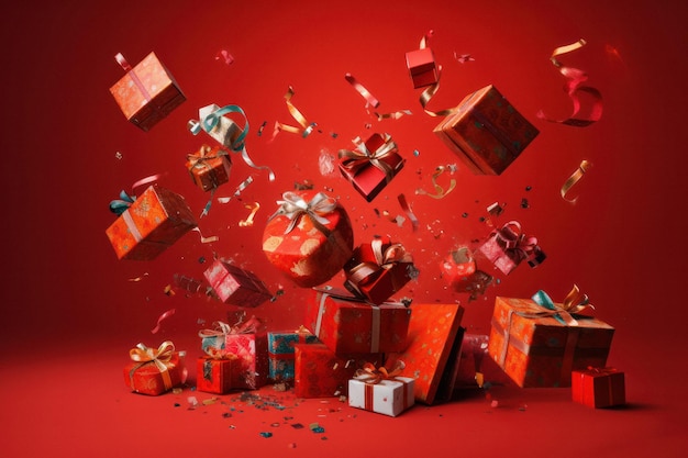 Dynamische Weihnachtsgeschenkboxen fliegen in der Luft vor leuchtend rotem Hintergrund