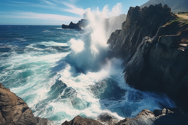 Dynamische Wellen, die gegen zerklüftete Küstenklippen prallen