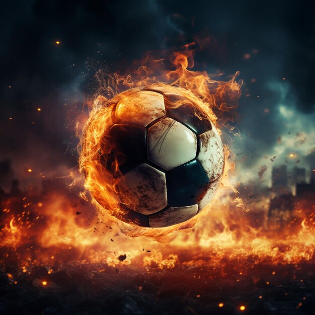 Foto dynamische zündung kraftvoller kick lässt fußball im stadion in flammen aufgehen für social-media-beitragsgröße