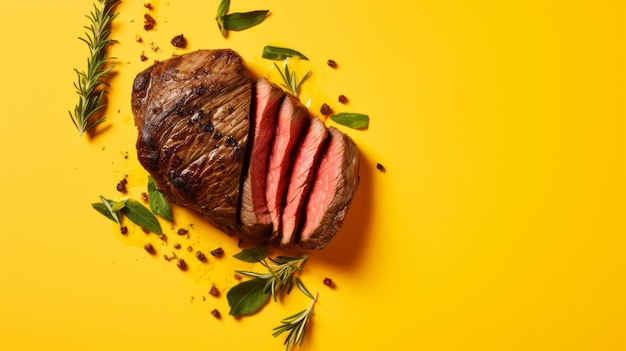 Dynamische Zusammensetzung Explosive Wildlife Steak Flatlay auf gelbem Hintergrund