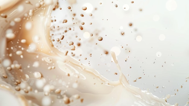 Dynamischer abstrakter Hintergrund mit Milch- und Kaffeewirbeln, die sich nahtlos mit Lichtspuren vermischen