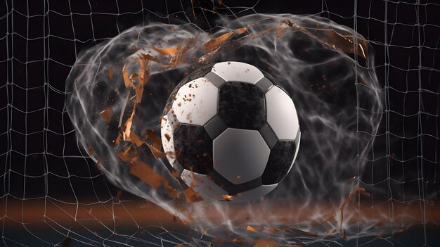 Dynamischer Fußball im Netz HighQuality 3D Render mit Flying Balls und Cinema4D Octane Technology