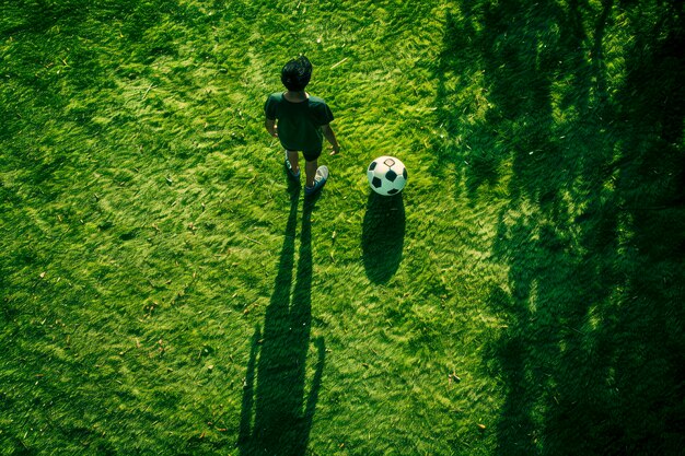 Dynamischer Fußballspieler mit Ball auf dem Spielfeld Die Essenz des Fußballspielens