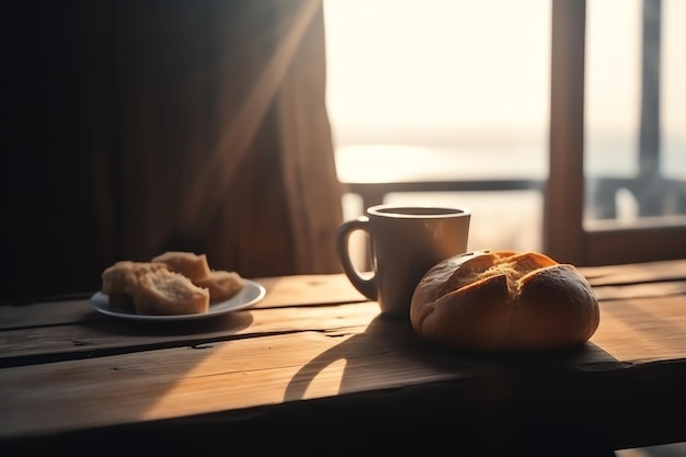 Dynamischer Hintergrund der Tasse Kaffee und des Brotes