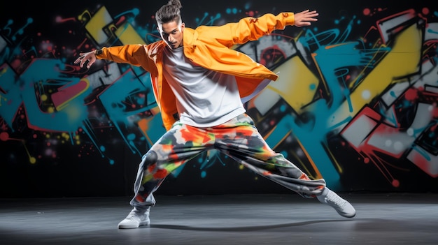 Foto dynamischer männlicher tänzer in einem lebendigen hip-hop-outfit auf einem graffitigrauen hintergrund