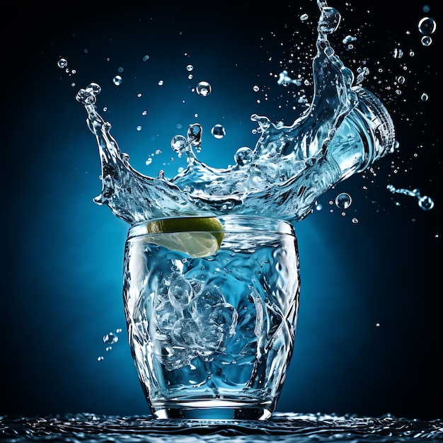 Dynamischer Moment, in dem Wasser aus einer Flasche auf ein mit Eis gefülltes Glas spritzt