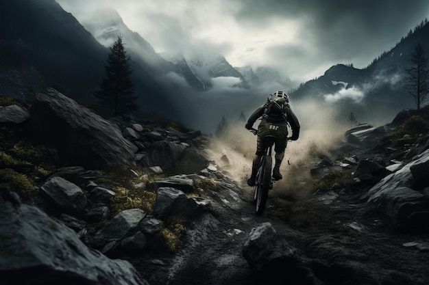 Dynamischer Schnappschuss eines Radfahrers, der durch die Berge fährt Schönes Illustrationsbild