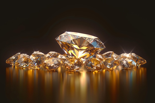 Dynamisches 8D-Rendering eines runden Diamant-Topaz-Edelsteins auf glänzendem Hintergrund