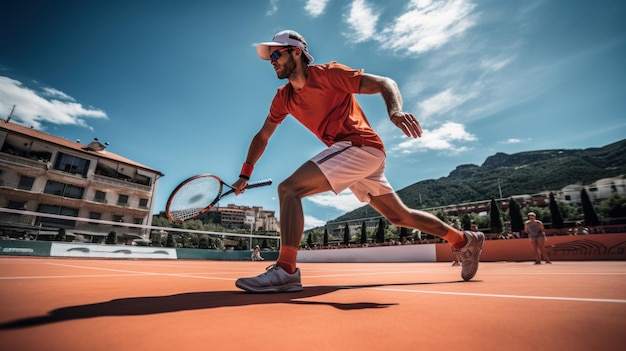 Dynamisches Bild eines jungen wettbewerbsfähigen Tennisspielers in Bewegung während des Spiels mit Schläger an