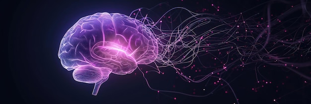 Dynamisches Gehirnmodell mit neuronaler Netzwerkaktivität und lebendigen rosa Highlights auf dunklem Hintergrund