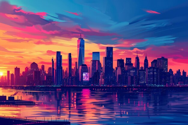 Dynamisches Stadtbild New Yorks Sonnenuntergang Abenteuer in Comics